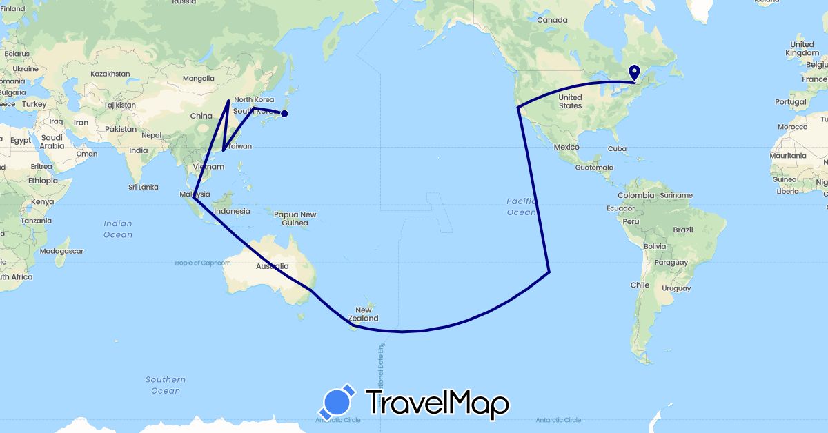TravelMap itinerary: driving in Australia, Canada, Chile, China, Japan, South Korea, Malaysia, New Zealand, Singapore, United States (Asia, North America, Oceania, South America)